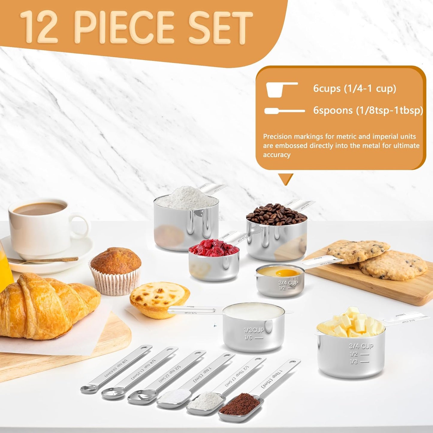 Stainless Steel Measuring Cups & Spoons Set for Cooking and Baking, Nesting Measuring Cups Measuring Spoons for Measuring Dry or Liquid Ingredients, Kitchen Gadgets, 12Pack