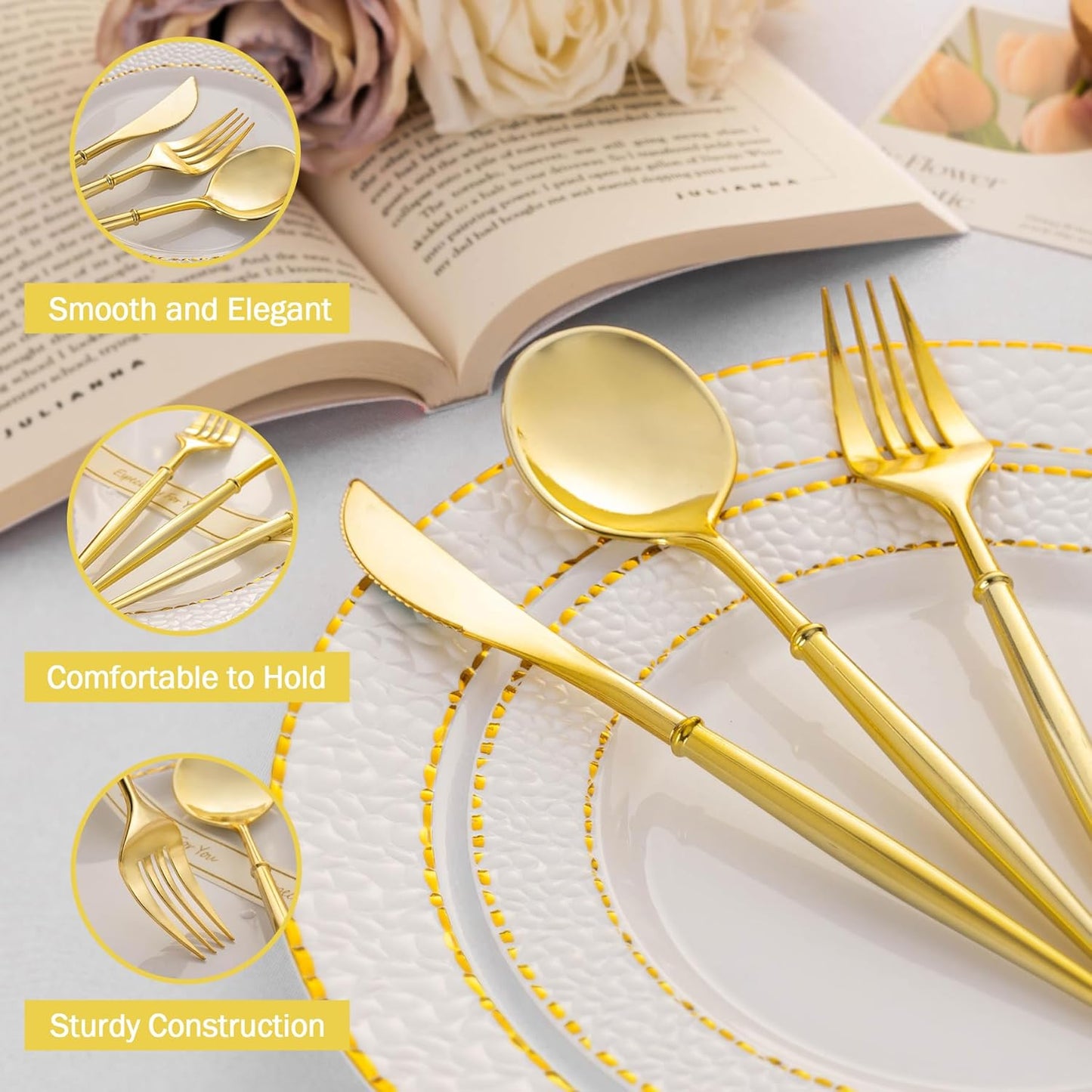 N9R 90PCS Gold Plastic Silverware, Gold Disposable Utensils, Gold Silverware Disposable, Disposable Cutlery includes: 30 Knives, 30 Forks, and 30 Spoons for Party, Birthday, Wedding