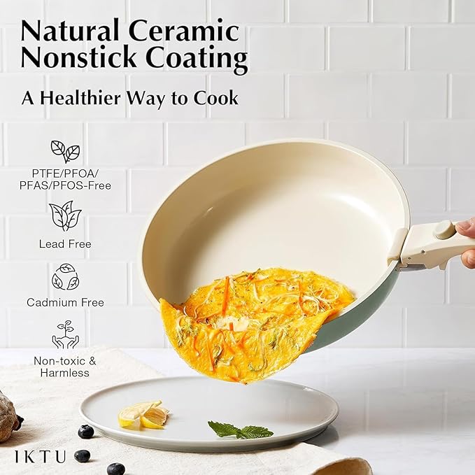 Ceramic Pots and Pans Set Non Stick Green, 8 Pcs Nonstick Cookware Set with Detachable Handle RV Camping Induction Kitchen Cookware Set Non Stick, PFAS PFOA & PTFE Free