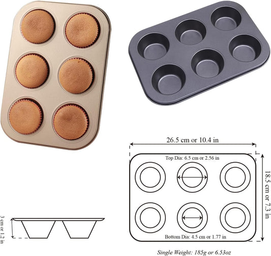 Muffin Tins 6-Cups Nonstick Carbon Steel Standard Cupcake Pans, Set of 2