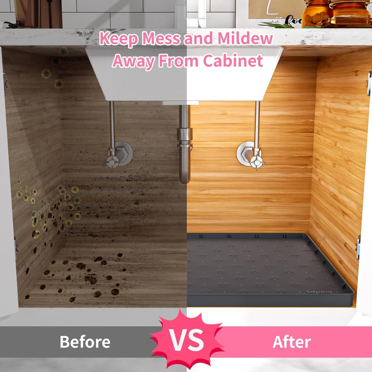 Sdpeia Under Sink Mat for [22" x 22"] Cabinet, Upgraded Silicone Waterproof Mat Kitchen Cabinet Liner Cabinet Protector Kitchen Organizers and Storage