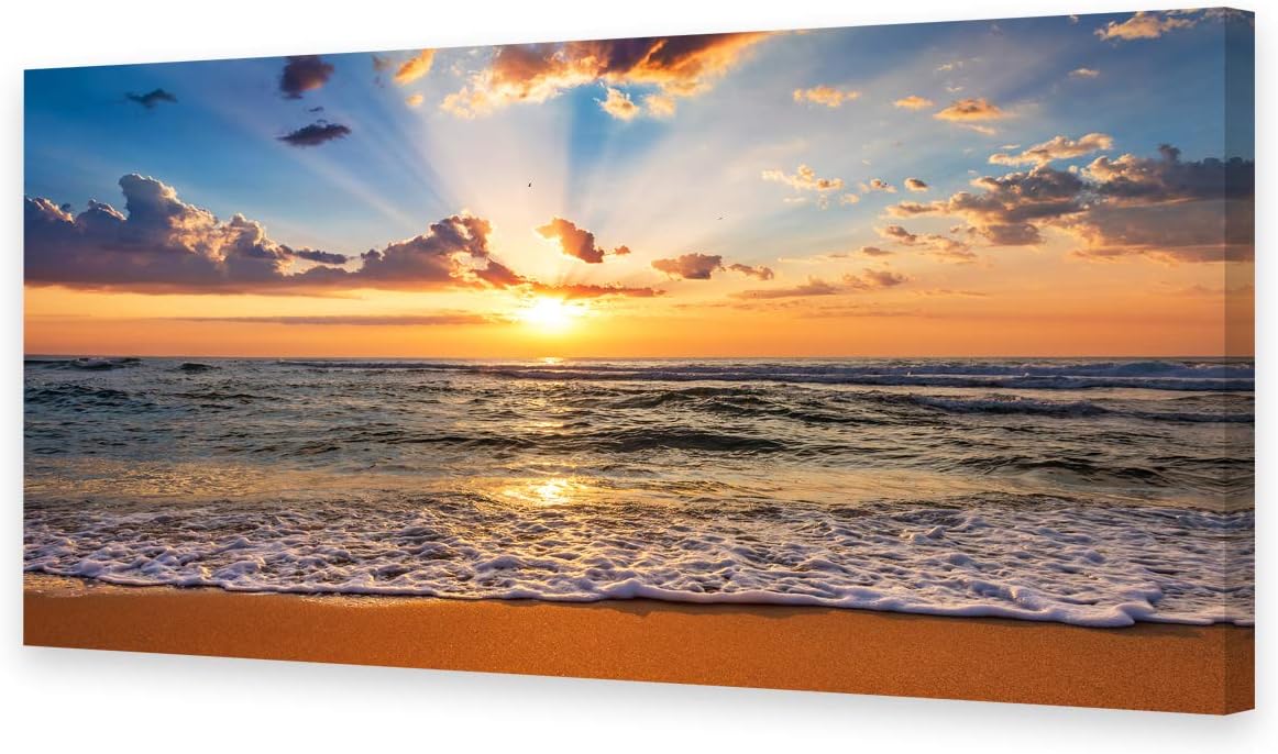 Muolunna BK1862 Wall Art Decor Large Canvas Print Picture Sunrise Ocean Beach 1 Panel Waves Scenery Painting Artwork for Office Wall Decor Home Decoration Stretched and Framed Ready to Hang XLarge