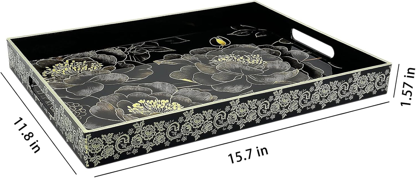 Serving Tray with Handles, 15.7 * 11.8 inches, Plastic Ottoman Tray with Exquisite Paintings, Trays for Coffee Table