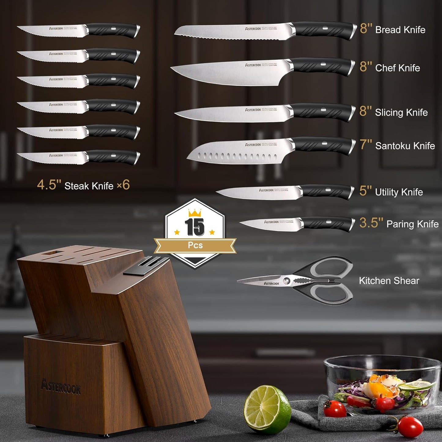 Astercook Knife Set, Kitchen Knives Set with Block and Dual Sharpener Full Tang 15 Pcs German Stainless Steel Knives Sharp Blade Dishwasher Safe Knife Set with Ergonomic Handle, Elegant Black