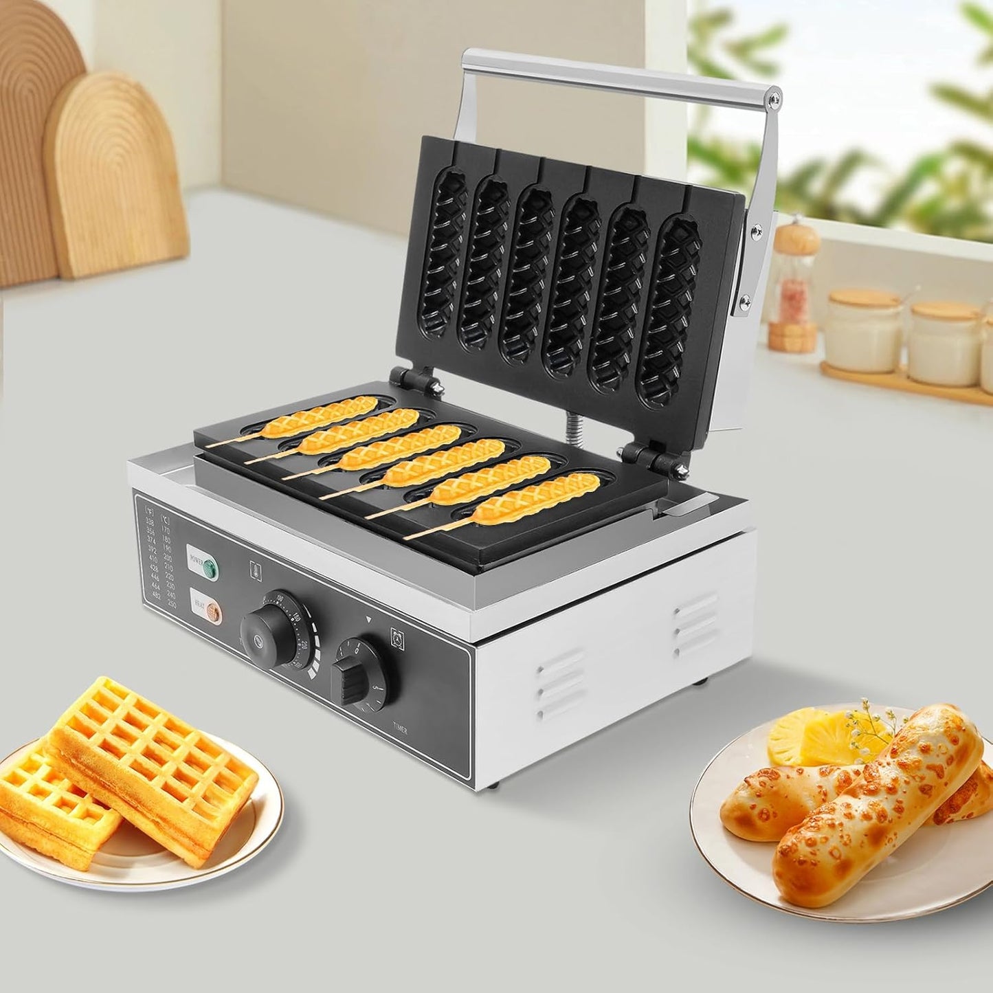 6pcs Hot Dog Waffle Machine,Commercial Nonstick Hot Dog Machine French Muffin Irons Stainless Steel Hot Dog Corn Maker and Waffle Stick Maker 50-300℃ Temp Control Kitchen Equipment