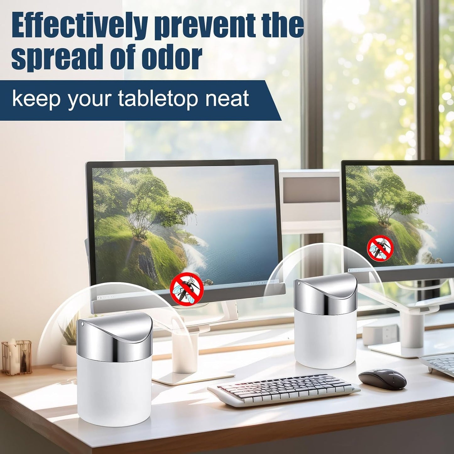 2 Pcs Desk Trash Can with Swing Lids, 12 Rolls of Trash Bags, 2L Brushed Stainless Steel Countertop Garbage Bin Small Wastebasket with Lid for Office Desk, Coffee Table(Matte White)