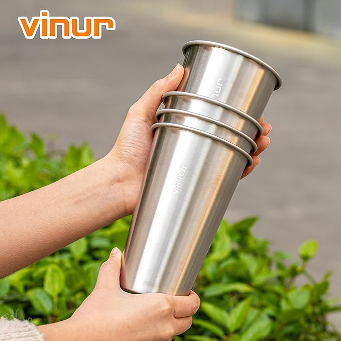 VINUR 4 Pack Stainless Steel Cups 20 oz Pint Tumbler Stackable Metal Drinking Glasses for Travel, Camping, Outdoors (Silver)