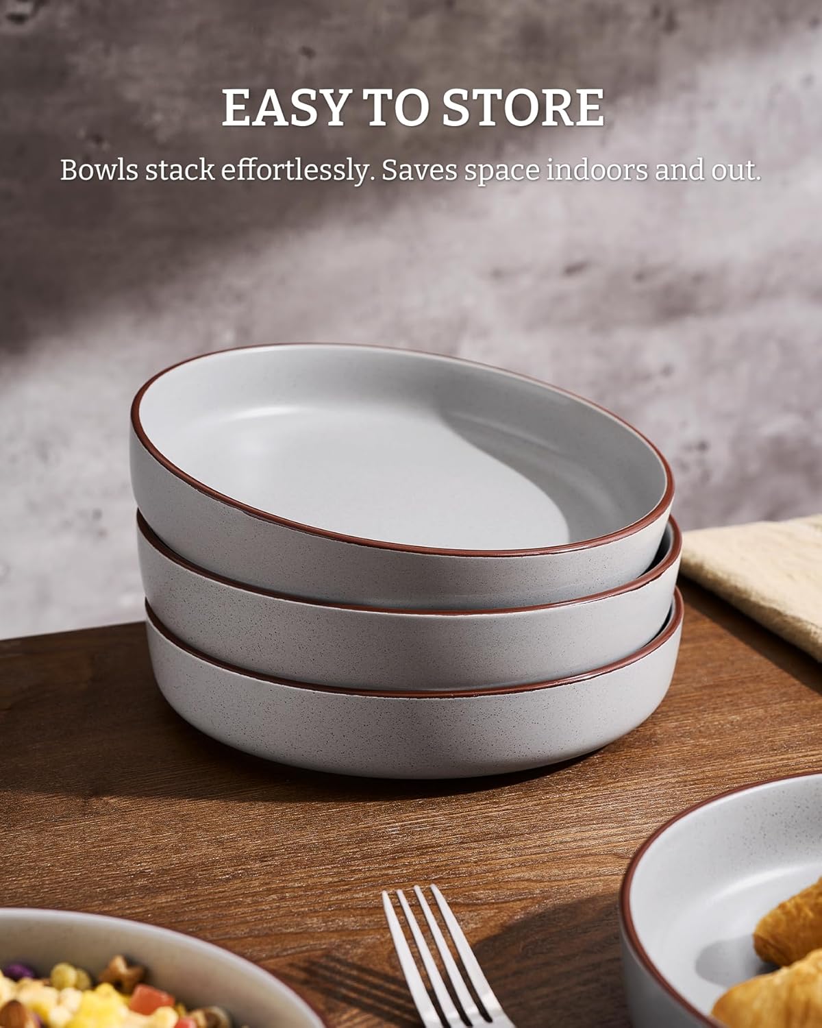 famiware Mercury Pasta Bowls Set of 4, 33 oz Large Salad Bowls, Ceramic Pasta Plates Bowls, Serving Bowls for Kitchen, Microwave & Dishwasher Safe, Light Gray