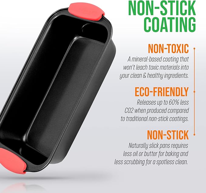 NutriChef Non-Stick Bread Loaf Pan - Premium Carbon Steel Banana Bread Pan w/Silicone Handles - PFOA, PFOS, PTFE-Free Quick-Release Nonstick Coating, Even Heat Distribution - Black, 8-Inch