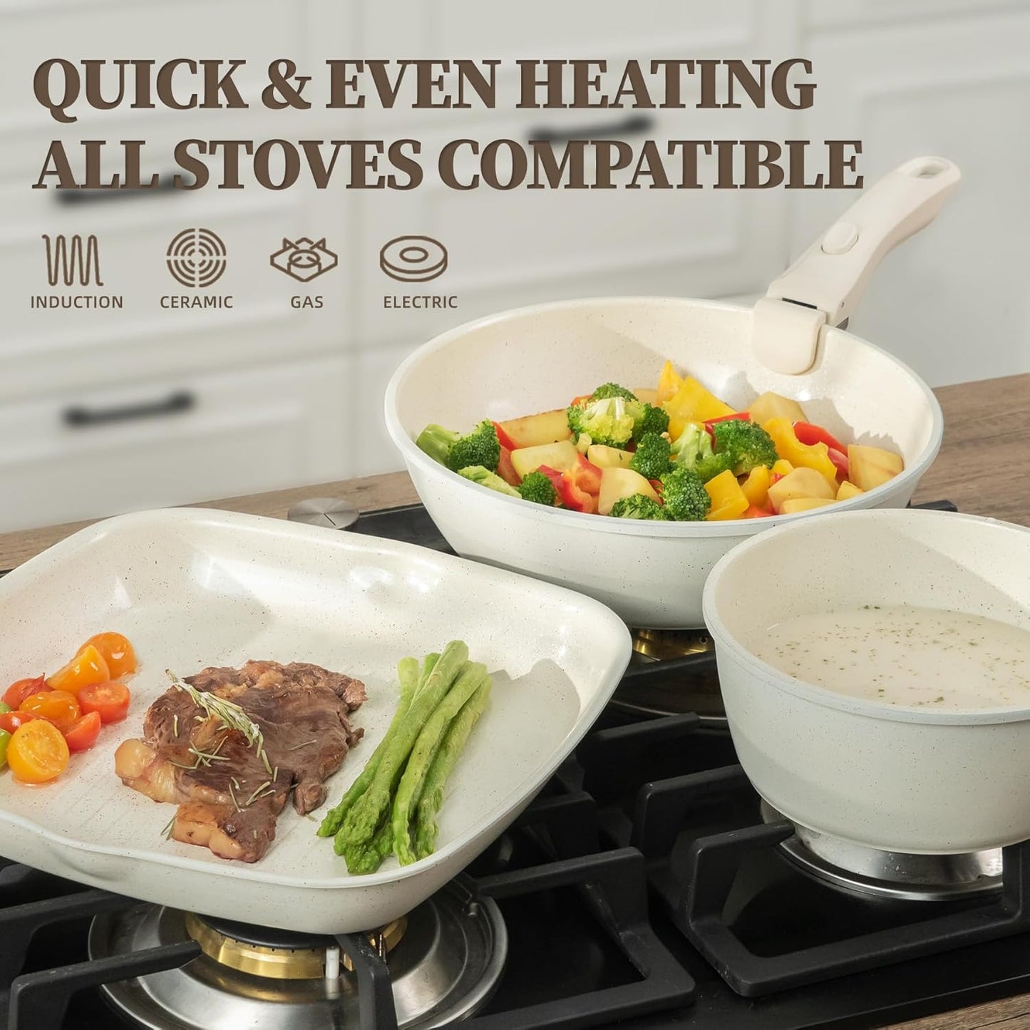 23Pcs Ceramic Cookware Set Non Stick Pots and Pans Set Non Toxic with Detachable Handle Induction Kitchen Cookware Set Space Saving, Oven & Dishwasher Safe, Cream White