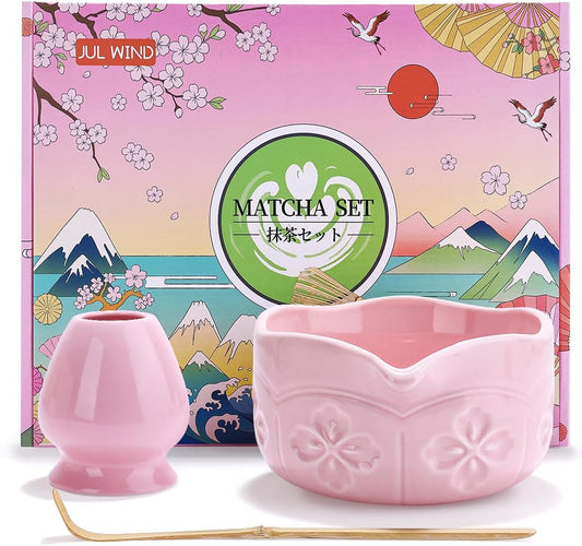 Matcha Whisk Set, Ceramic Matcha Set Includes Matcha Bowl with Spout, Matcha Whisk and Holder (Pink, 3Pcs/set)