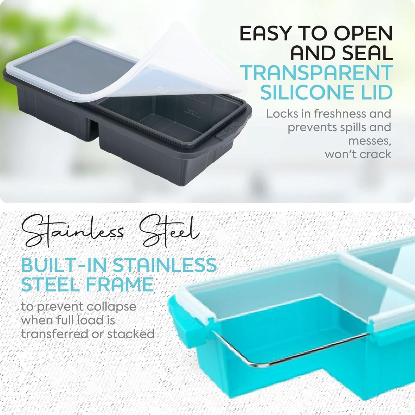 Silicone Freezer Tray With Lid-Soup Freezer Container molds-2-cup Extra Large Ice Cube Tray-makes 4 perfect 500ml portions cubes, For freezing soup,stews,sauces.Oven&Dishwasher-Safe(2-Pack)