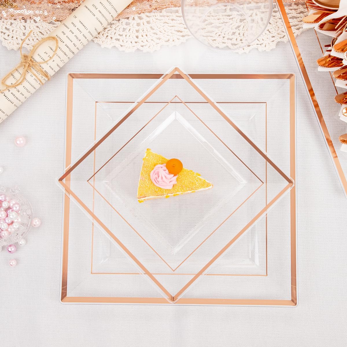 DaYammi 175 PCS Rose Gold Plastic Plates, Rose Gold Plastic Dinnerware Sets Includes: 25 Dinner Plates, 25 Salad Plates, 25 Pre Rolled Napkins with silverware 25 Cups 9 OZ, Perfect for Valentine's Day