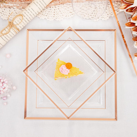 DaYammi 175 PCS Rose Gold Plastic Plates, Rose Gold Plastic Dinnerware Sets Includes: 25 Dinner Plates, 25 Salad Plates, 25 Pre Rolled Napkins with silverware 25 Cups 9 OZ, Perfect for Valentine's Day