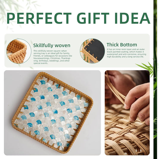 Rattan Tray with Mother of Pearl Inlay, Boho Coffee Table Decor, Decorative Serving Tray, Farmhouse Gift for Living Room & Bathroom