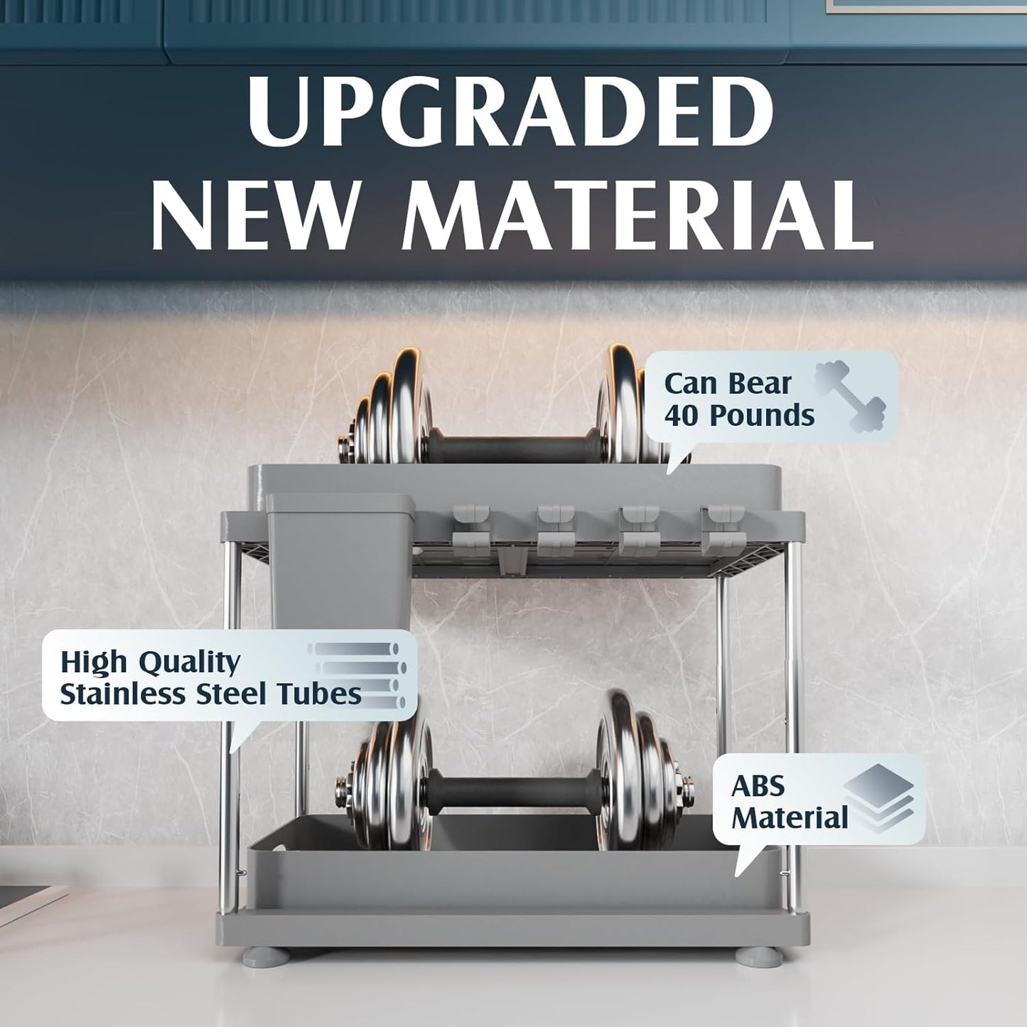 2 Pack Adjustable Gray Under Sink Organizers, 2 Tier Pull Out Storage, Kitchen Bathroom Office Laundry Room Living Room