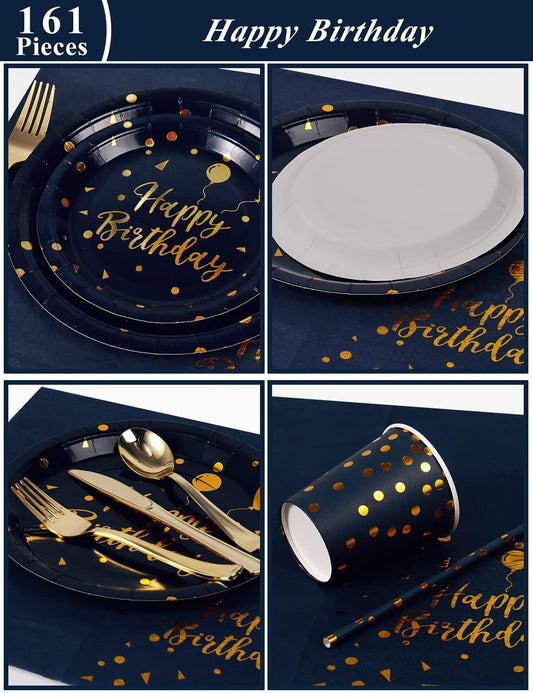 Birthday Party Tableware, 161 Pieces Navy Blue Gold Party Supplies, Party Dinnerware Sets Include Paper Plates Napkins Cups Silverware, for Shower Engagement Parties Decoration -20 Serves