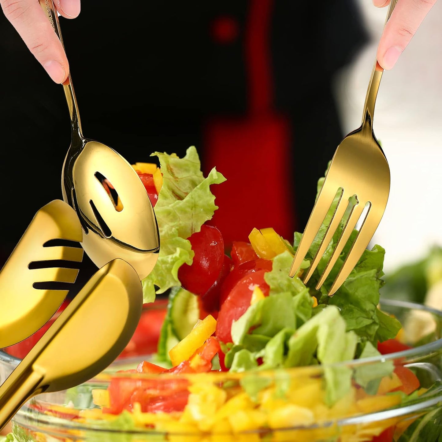 Patelai 15 Pieces Christmas Stainless Steel Gold Serving Utensils Set 8.7" Large Spoons and Slotted Spoon 9.45" Tong 9" Forks Flatware Wedding Party Buffet Banquet Cooking Kitchen Catering