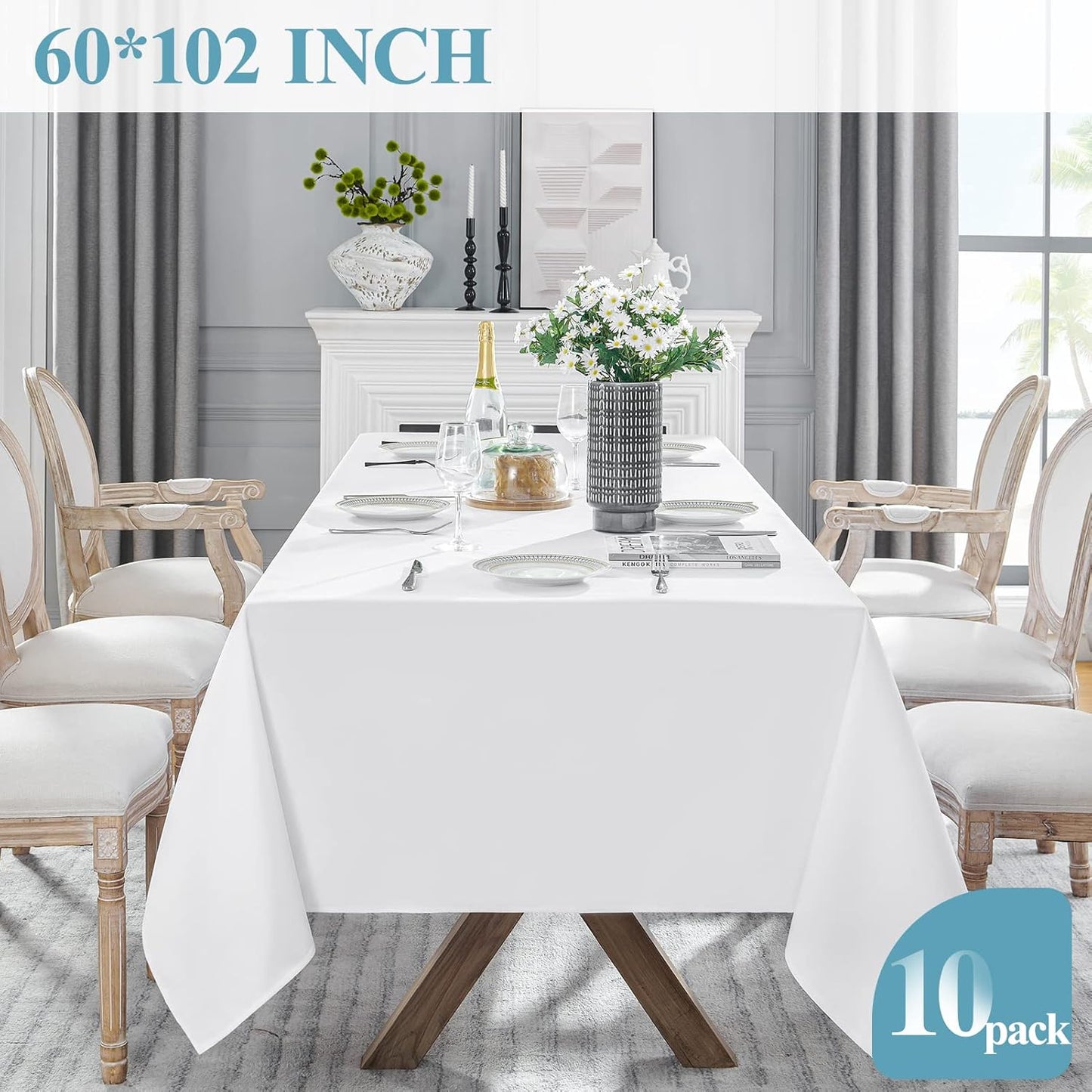 VidaFete Tablecloth 60 * 102inch 10pack Rectangle Table Cloth Polyester, Stain Wrinkle Resistant Dining Table Cover for Kitchen Dinning Party Wedding Rectangular Tabletop Buffet Decoration(White)
