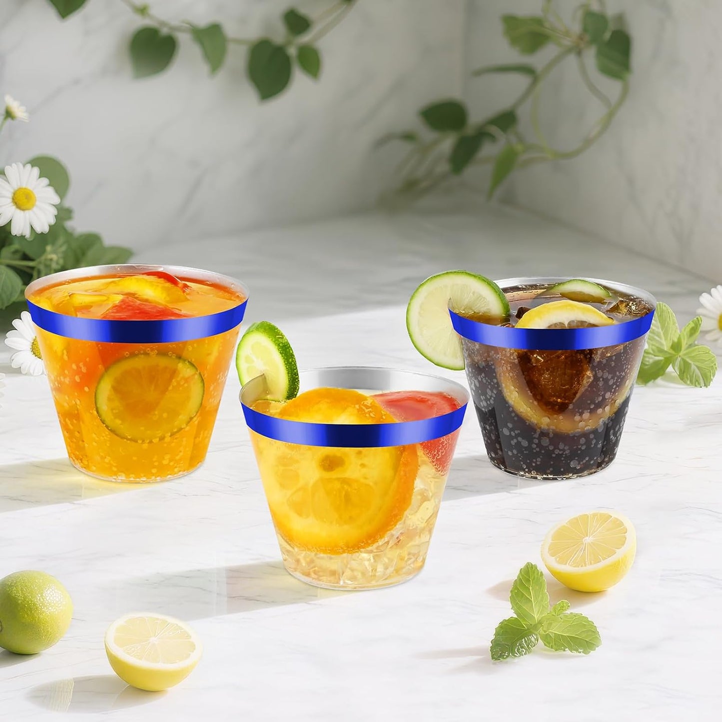 100pcs Blue and Clear Plastic Cups, 9oz Plastic Cups Blue Rimmed Disposable Cocktail Glasses Fancy Disposable Cup Drinking Tumblers Shot Cup for Wedding Party