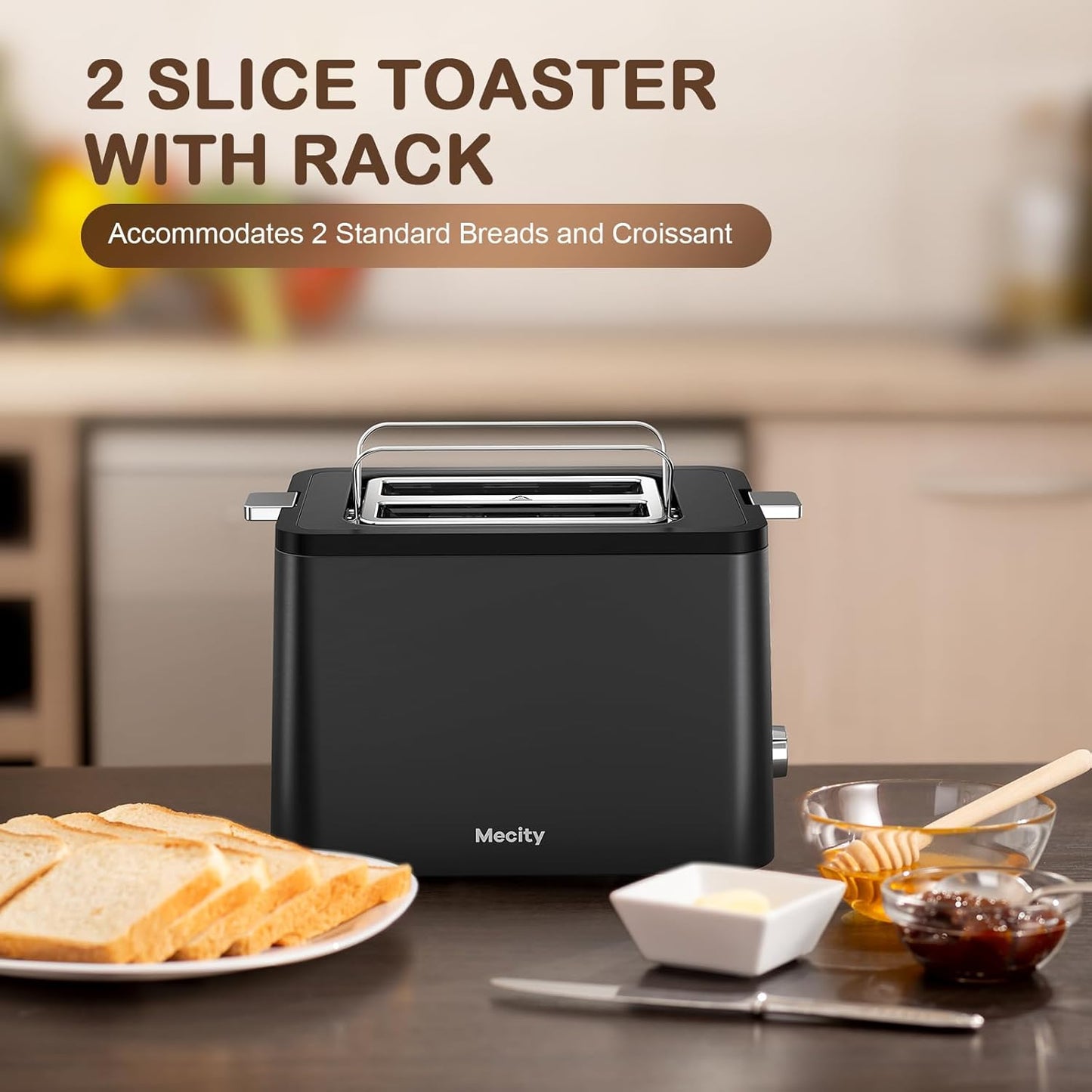 Mecity Toaster 2 Slice Stainless Steel Body, Timer, Bagel, Defrost, Reheat, Cancel Functions, Warming Rack, Removable Tray, 6 Browning Settings, Extra Wide Slots, Bread Toaster, 120V 800W Black