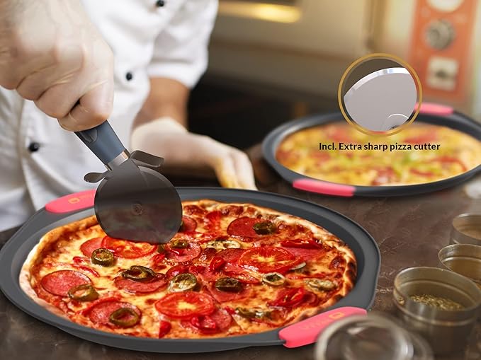 12 Inch Pizza Crisper Pan Set of 2 Non-Stick Perforated Pizza Tray for Crispy Crust, Heat-Resistant Carbon Steel Pizza Baking Pans, Dishwasher Safe Pizza Oven Trays for Even Heating & Air Circulation