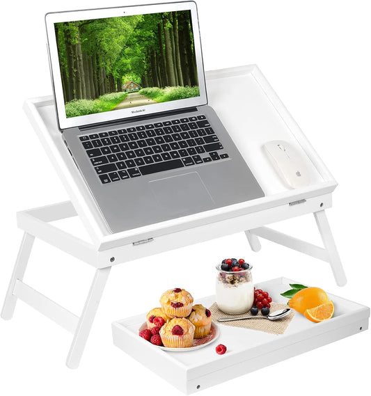 Bamboo Lap Desks Bed Table White Breakfast Tray with Folding Legs Kitchen Serving Tray for Notebook Computer Bed Platters Desk Snack Tray(White)