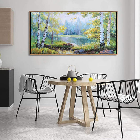 YCPRIMER Forest Wall Art - Birch Tree Canvas Wall Decor Green Trees Picture for Living Room Lake Forest Landscape Painting Home Bedroom Decoration Green and White Framed Artwork Decor 24×48IN