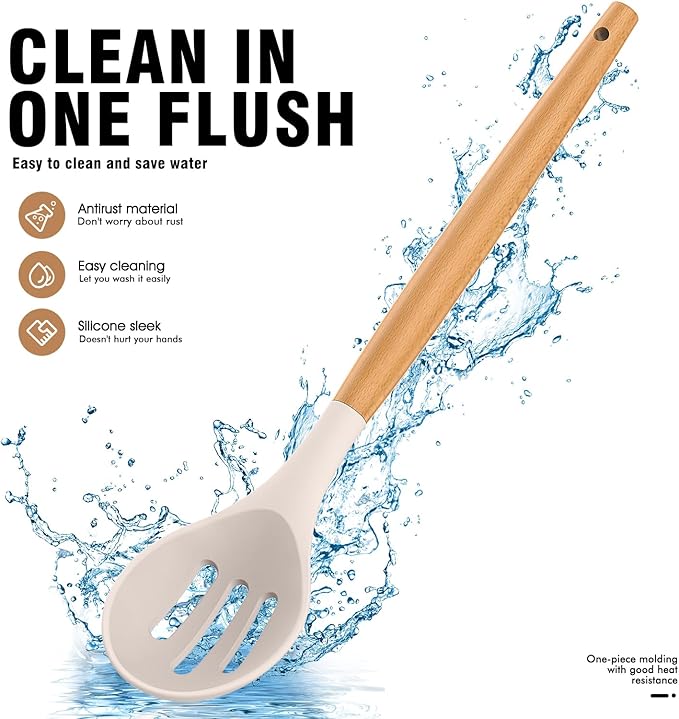 Silicone Cooking Utensils Set - Silicone Kitchen Utensils for Cooking Wooden Handles, 446°F Heat Resistant Kitchen Utensil Spatula Sets w Holder, Gadgets for Non-Stick Cookware BPA FREE (Khaki)