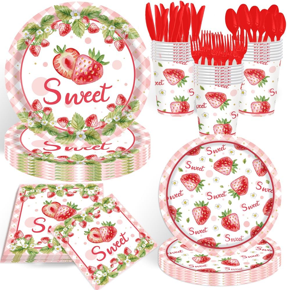 140 Pcs Strawberry Birthday Decorations Berry First Birthday Decorations Strawberry Themed Plates Cups and Napkins Sets Serves 20