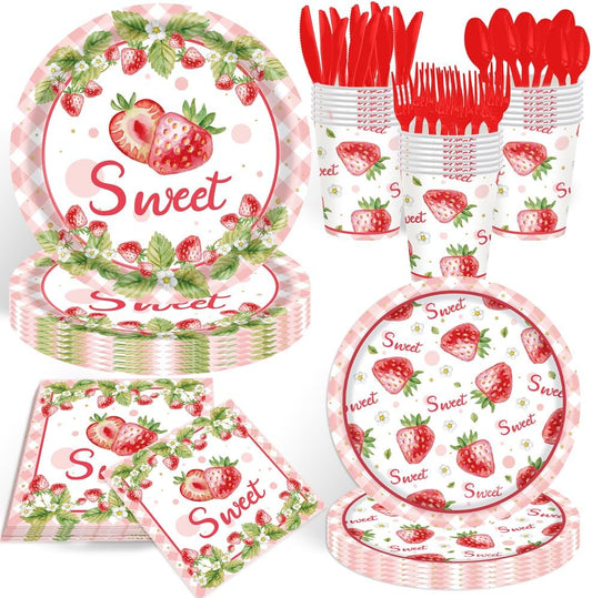 140 Pcs Strawberry Birthday Decorations Berry First Birthday Decorations Strawberry Themed Plates Cups and Napkins Sets Serves 20