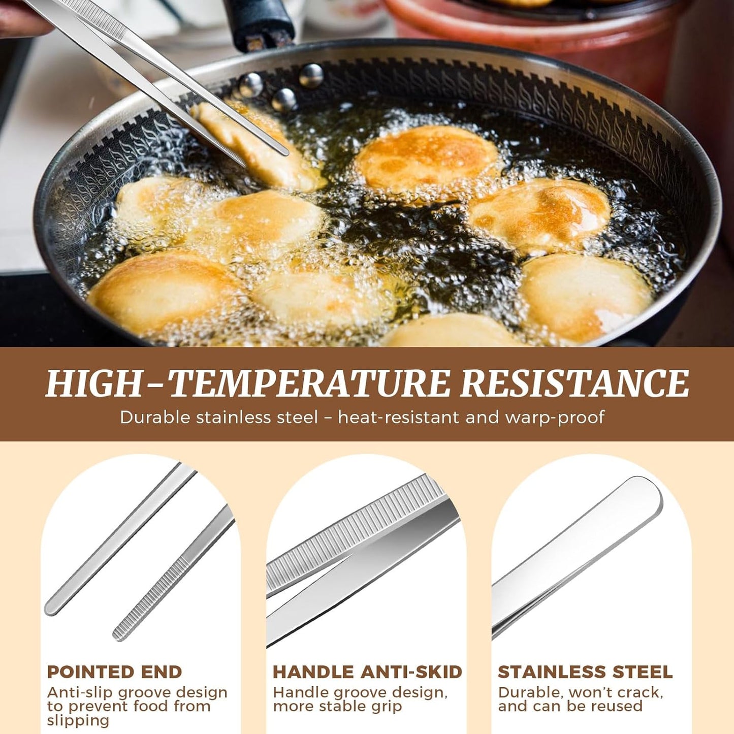 12-Inch Cooking Tweezers Tongs 2-Pack, Stainless Steel Kitchen Tweezers with Dual-Head Design and Non-Slip Grip, Chef Tweezer Tongs for Frying, Plating, Pasta, BBQ, Air Fryer, Food Prep Tools