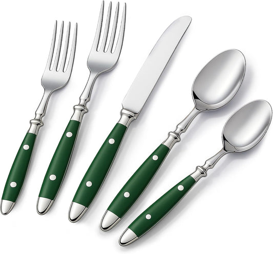 Silverware Set For 8 with Two Rivets, Vintage 40-Piece Everyday Flatware Set with Green Bakelite Handle, Stainless Steel Cutlery Set, Dishwasher Safe, Knives Spoons and Forks Set