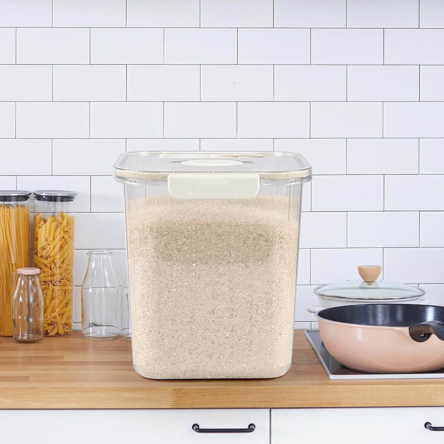 Plastic Clear Food Cereal Containers, 22Lbs Rice Cereal Container with Spoon for Kitchen Pantry Organization and Storage