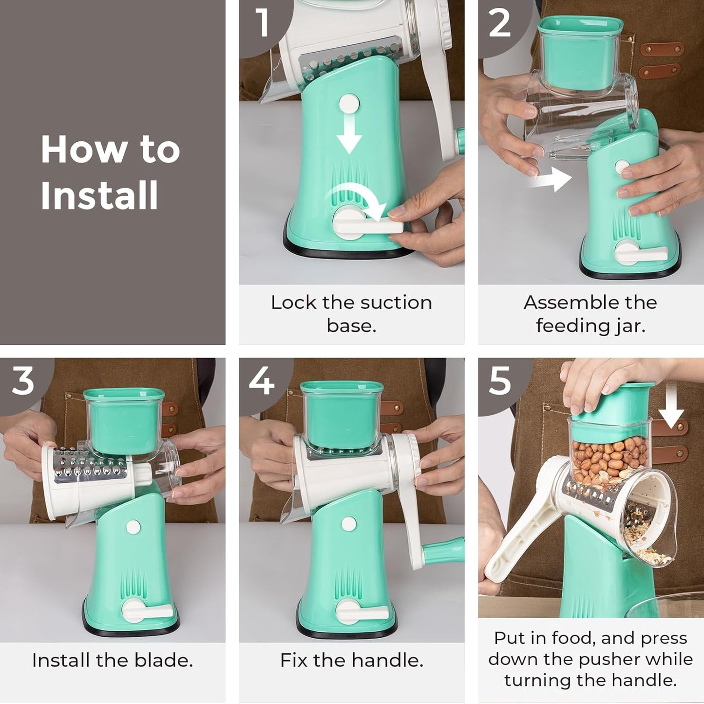 X Home 5-in-1 Rotary Cheese Grater for Kitchen, Upgraded Hand Crank Shredder with Stronger Suction Base & Multifunctional Drum Blades, for Cheese, Vegetables and Nuts, Easy to Use and Clean, Blue