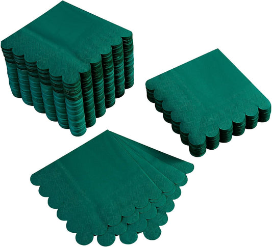 100 Pack Cocktail Napkin 2-Ply Scalloped Edged Dessert Napkins Folded 5 x 5 Inches Disposable Napkins for Dinner Wedding Birthday Party Bridal Anniversary Reception Event (Dark Green)