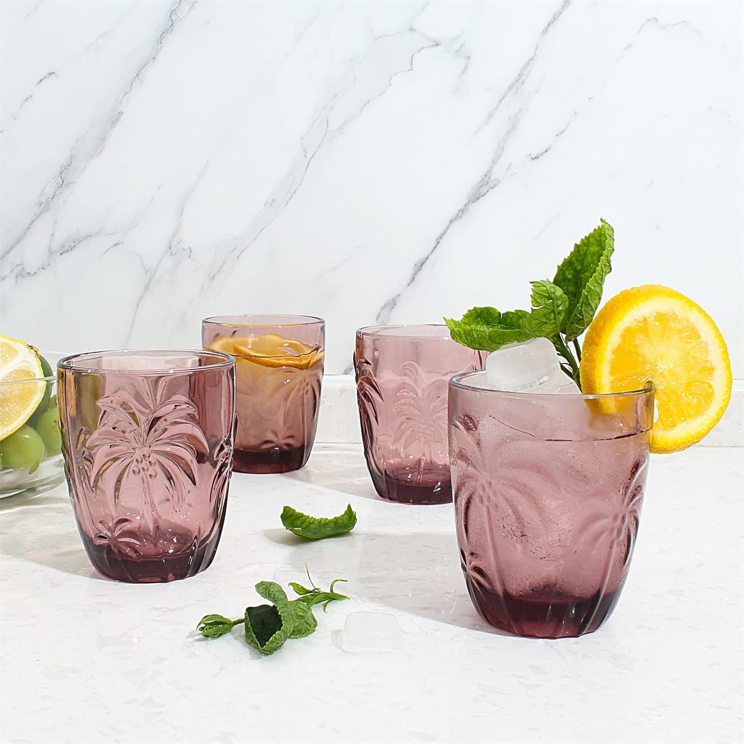 M&N HOME Colored Whiskey Glasses, Set of 4 Colorful Drinking Glasses, 9 Oz Coconut Cups, Glass Tumblers, Glass Cups for Water and Juice, Tiki Cups, Tropical Themed Glassware Set - PURPLE SET