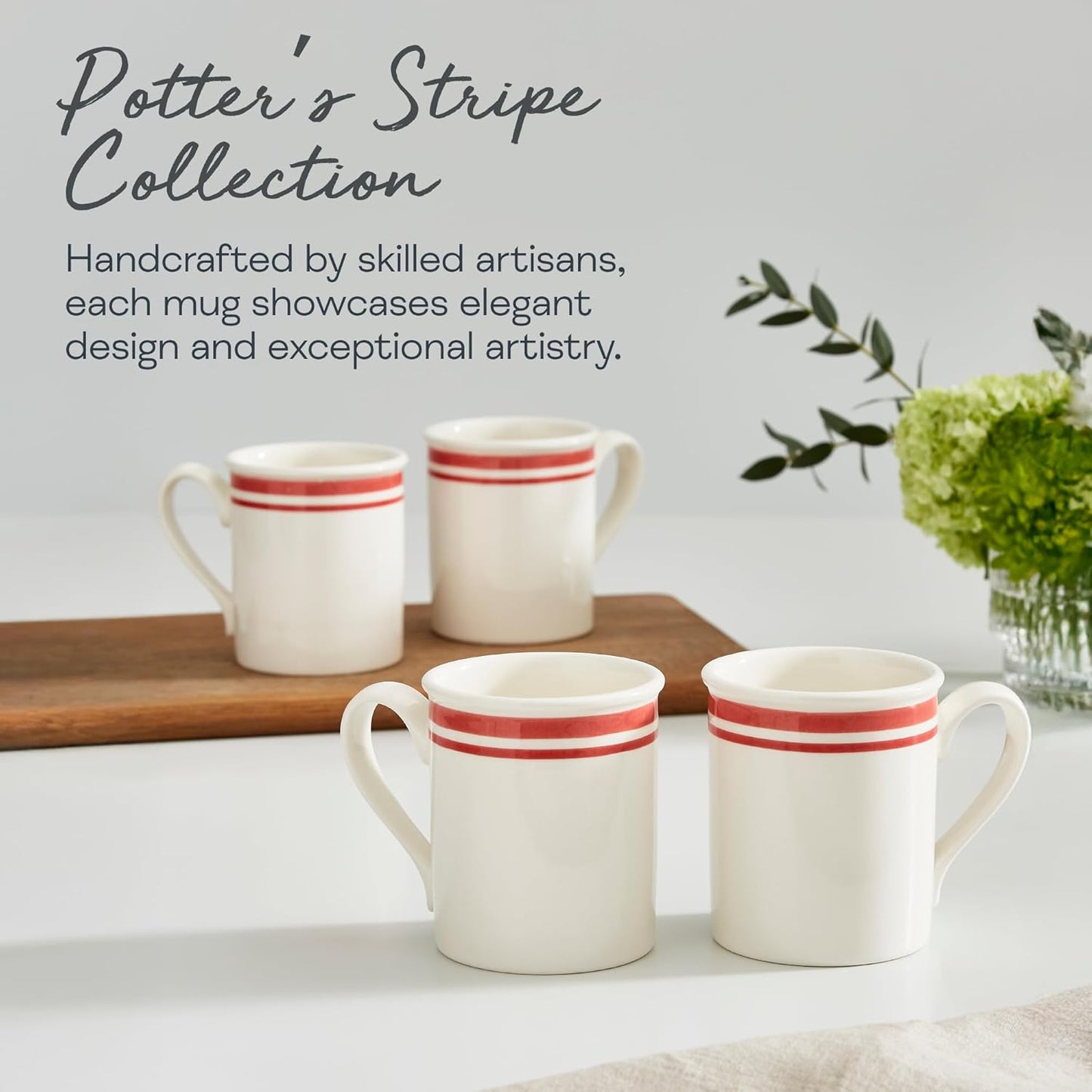 Portmeirion Potters 9oz Ceramic Mug (Set of 4) - Handcrafted Coffee Mugs with Black Stripes - Dishwasher, Microwave, Freezer Safe - Earthenware Mugs for Tea & Coffee Lovers, Unique Mug Set (Black)