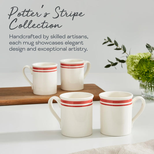 Portmeirion Potters 9oz Ceramic Mug (Set of 4) - Handcrafted Coffee Mugs with Black Stripes - Dishwasher, Microwave, Freezer Safe - Earthenware Mugs for Tea & Coffee Lovers, Unique Mug Set (Black)
