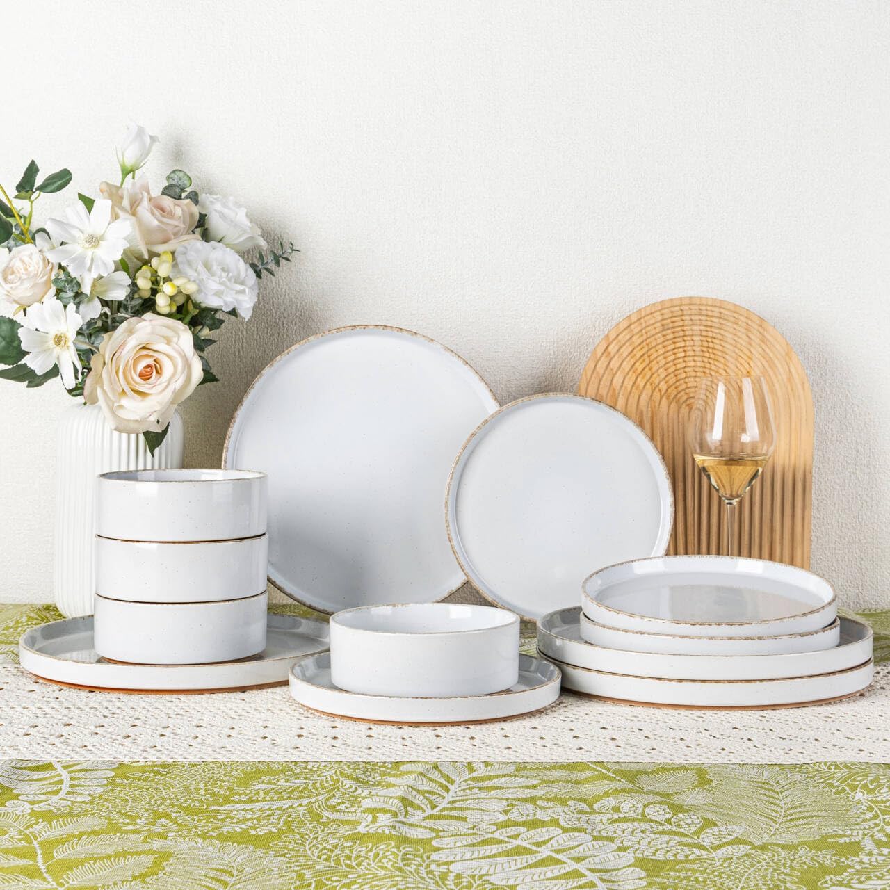 AmorArc Ceramic Dinnerware Sets for 4, 12 Pieces Handpainted Plates and Bowls Set with Rustic Terracotta Underside, Scratch Resistant Stoneware Dishes Set, Dishwasher & Microwave Safe
