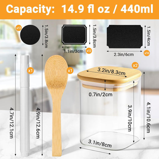 Glass Jar with Lid, 15 Fl.oz Square Glass Jars with Bamboo Lids Set of 2, Airtight Food Storage Containers for Sugar, Tea, Coffee, Candy, Cookies, Spice - Included Labels, Marker and Spoon