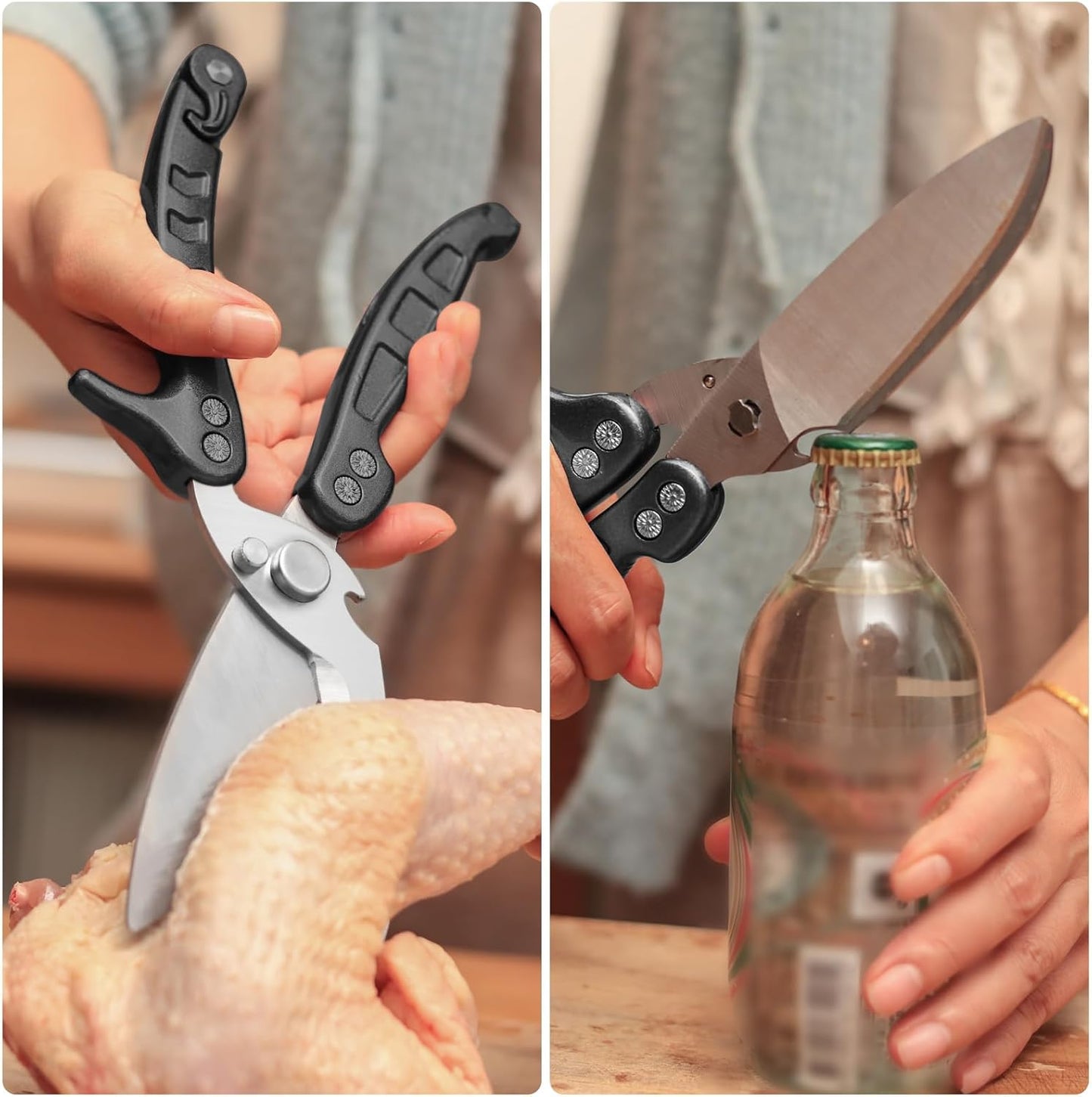 Heavy Duty Kitchen Shears, Detachable Poultry Shears with Serrated Edge, Spring-Loaded Stainless Steel Chef Scissors Cutting Bone, Chicken, Fish, Food, Meat, Black Full Steel Handle