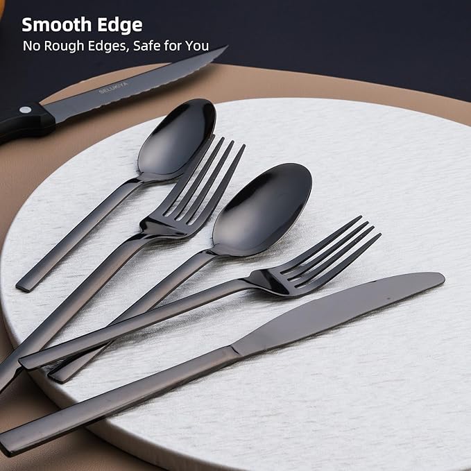 24 Pcs Silverware Flatware Service for 4, 18/0 Stainless Steel Tableware with Steak Knives, High Mirror Polished Cutlery Set in Ergonomic Design Size and Weight, Dishwasher Safe, Black