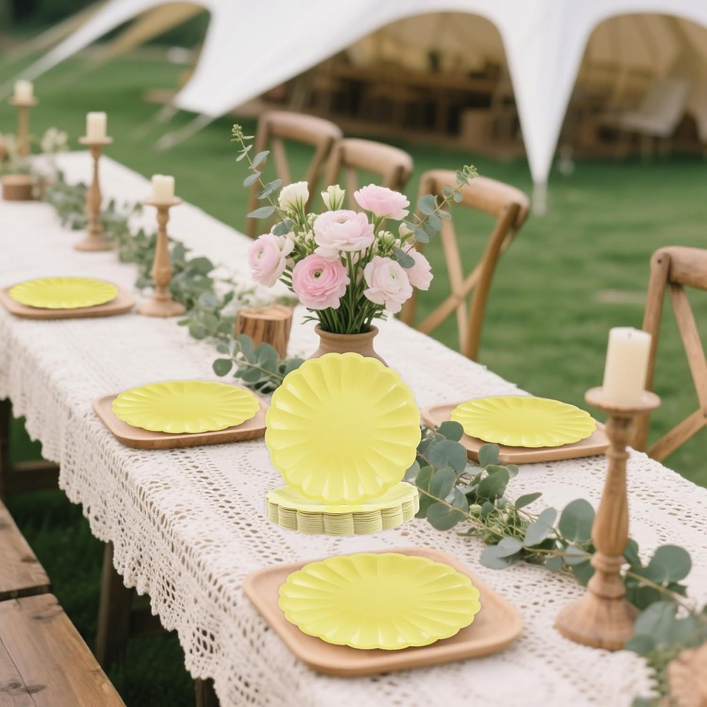 50Pcs Large Scalloped Yellow Paper Plates 7Inch Shell Edge Dessert Plates for Cake Salad Fruit Disposable Dessert Serving Plates for Birthday Wedding Baby Shower Party Decorations