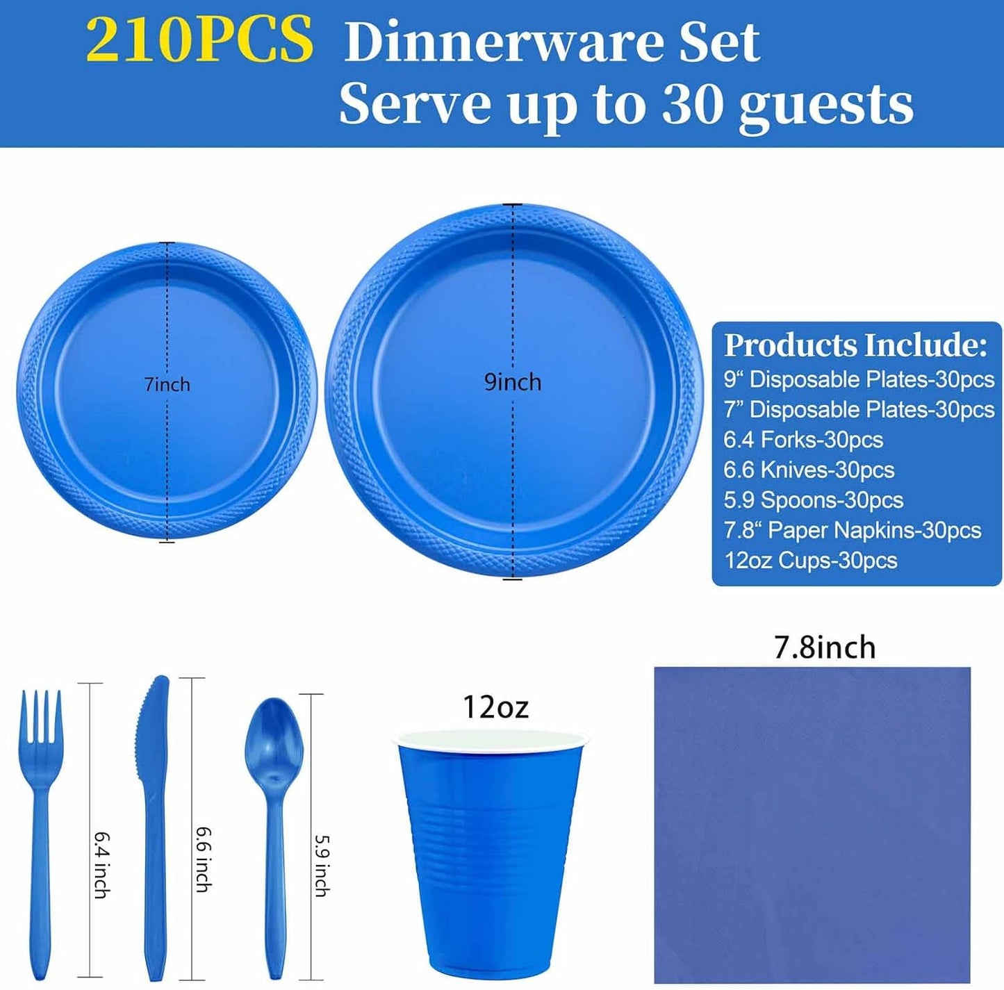 WELLIFE 210 Pcs Blue Party Supplies, Plastic Dinnerware Set, Including Blue Plastic Plates and Napkins, Disposable Cutlery and 12OZ Cups, Serve 30 Guests for Party