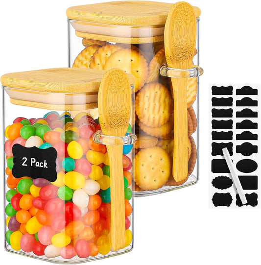 Glass Storage Jars with Lids - 2 Pack 18 Fl.oz Square Glass Containers with Bamboo Lids and Spoon, Includes Labels and Marker, Clear Kitchen Food Jar for Sugar Coffee Tea, Spice, Candy, Oats