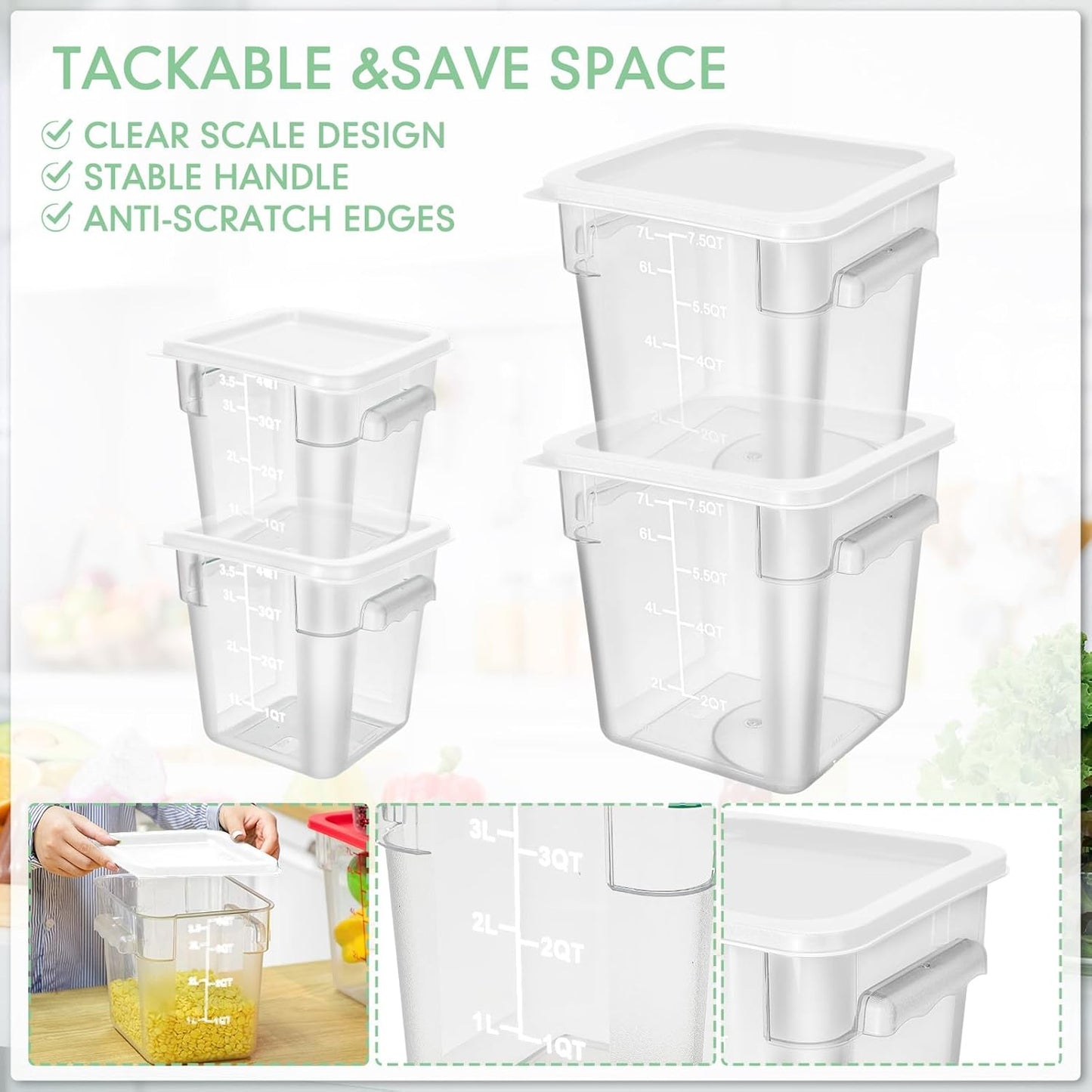 Lallisa 4 Pcs 8 Qt and 4 Qt Clear Food Storage Containers with Lids, Handles and Scales, Commercial Grade Square Containers Polycarbonate Air Tight for Home Storage Kitchen Restaurant(White)