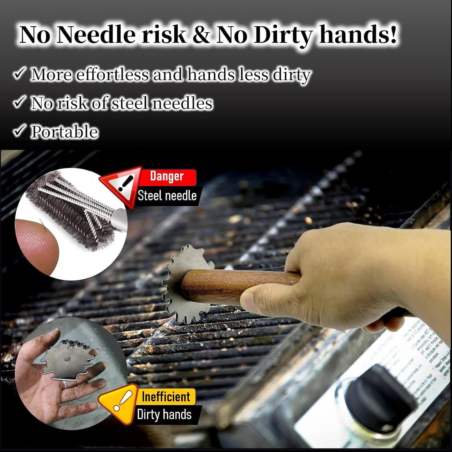 Grill Scraper for BBQ Grate and Griddle, Bristle-Free, 8.3” Wooden Handle – Safe Grill Cleaner for Outdoor Grills, Includes Round and V-Shaped Grooves – Grilling Accessories for Men