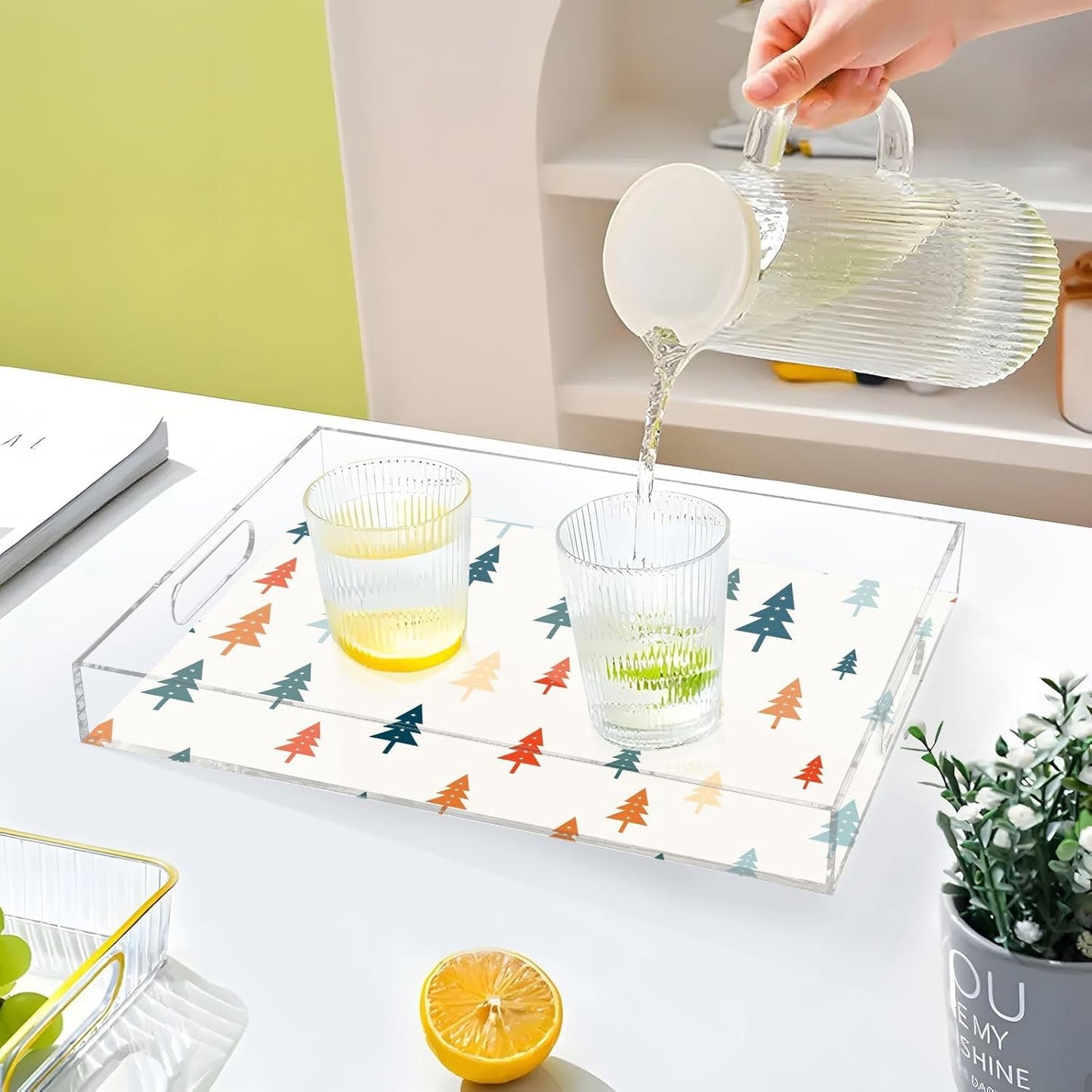 Acrylic Serving Tray with Handles Spill Proof Kitchen Storage Tray Clear Decorative Tray Makeup Drawer Organizer Storage Tray for Bathroom Living Room Ottoman 15.7x11.8Inches