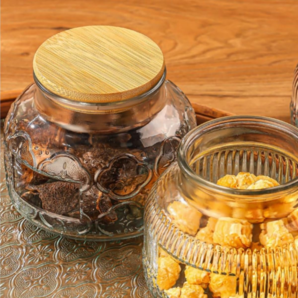 Vintage Glass Decorative Jar, 25.4 FL OZ Glass Food Storage Containers, Sugar Bowl, Kitchen Airtight Glass Jar for Candy Snack Cookies Coffee Tea Nuts (begonia), transparent